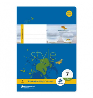 Schulheft 040516007 Style, Lineatur 7 / kariert / keine, A5, 80g, blau, 16 Blatt / 32 Seiten