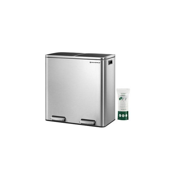 6955880334209 - Calicosy - Mülleimer mit 2 Behältern 30L mit Pedal silbergrau - Silber 6955880334209 - Calicosy - Mülleimer mit 2 Behältern 30L mit Pedal silbergrau - Silber