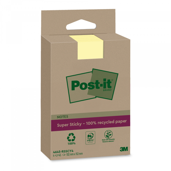 4064035142858 - Post-it® Haftnotizen Super Sticky Recycling Notes 4645-RSSCY4 liniert B 102 x T 152 mm PEFC®-Papier gelb 4 Blöcke 45 Blatt Block