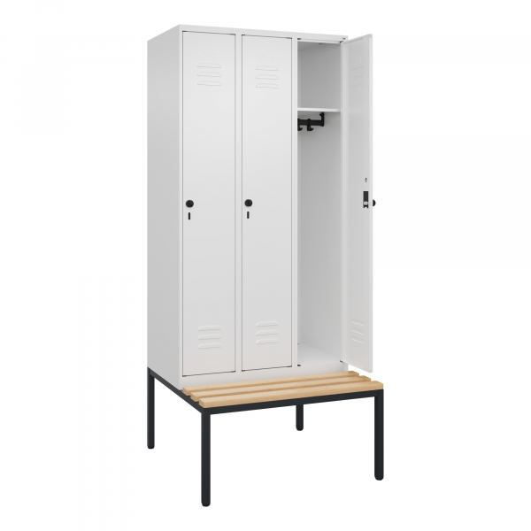 4066681744530 - Spind Classic PLUS Sitzbank 3 Abteile verkehrsweiß B 900 mm Sicherheits-Drehriegel untergebaut Buche-Hartholz C+P