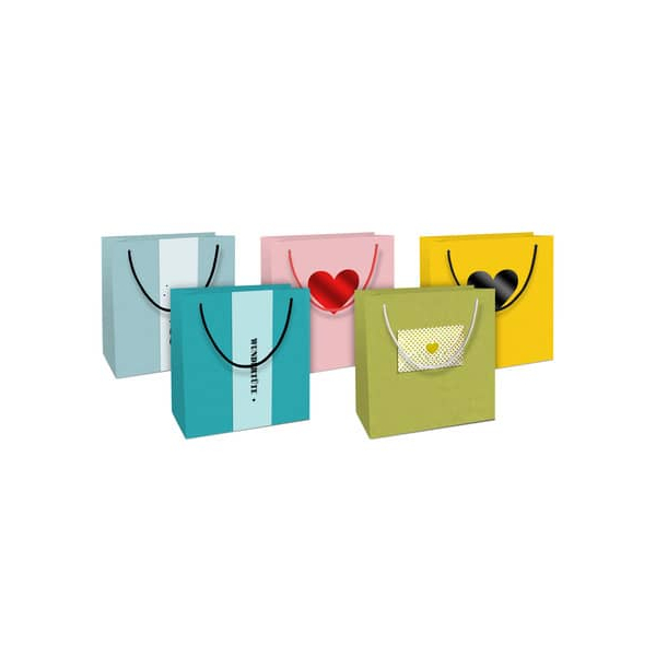 15 Stück Alpedia Geschenktasche 4012-24362/PBS Geschenktragetasche Packpapier , 21x20x8cm, allgemein, mit Tragekordel, 5 Motive sortiert, 20cm x