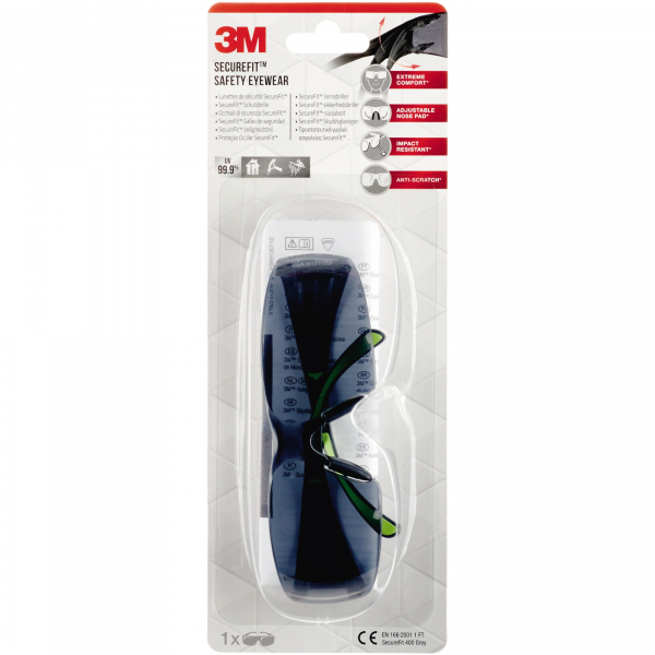 5902658102530 - Schutzbrille SecureFit 400 EN 1662001 UVA UVB UVC-resistent Bügeldruckverteilung verstellbare Nasenpolster beschichtet Polycarbonatglas grau