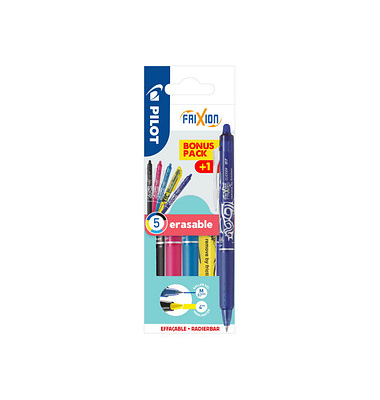 FRIXION ball CLICKER Tintenroller blau, pink, schwarz, hellblau, gelb 0,4 mm, Schreibfarbe: farbsortiert, 1 Set