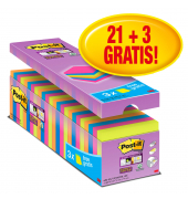 Haftnotizen 654-SE24P, Super Sticky Notes, 76x76mm, 4-farbig sortiert (vitalorange/limonengr&uuml;n/powerpink/paradisblau), quadratis