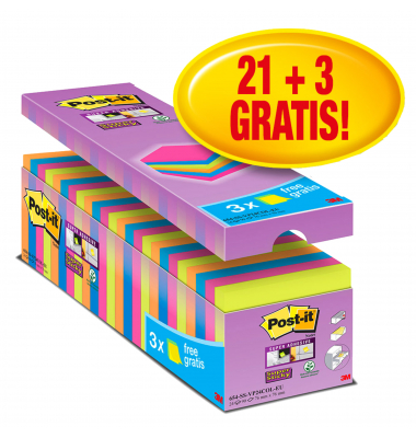 Haftnotizen 654-SE24P, Super Sticky Notes, 76x76mm, 4-farbig sortiert (vitalorange/limonengr&uuml;n/powerpink/paradisblau), quadratis