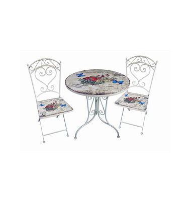 Sitzgruppe Floral, weiß Metall, 3-teilig