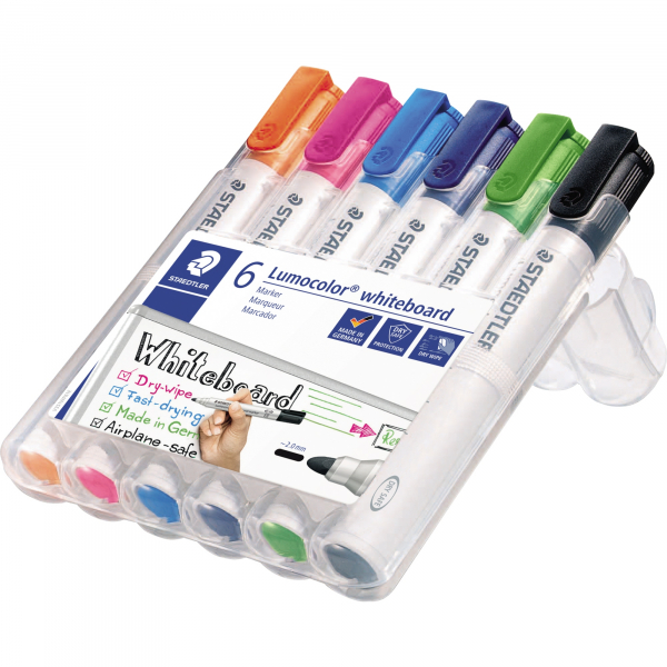 4007817074435 - STAEDTLER Lumocolor Whiteboard-Marker 351 6er Etui Strichstärke 20 mm Rundspitze nachfüllbar DRY SAFE - 1 Stück (351 WP6-1)