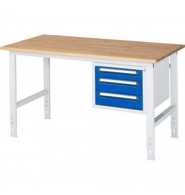 RAU Arbeitstisch 1500x800x760-1080 3xSchub B-Platte 25mm l.gre.bl