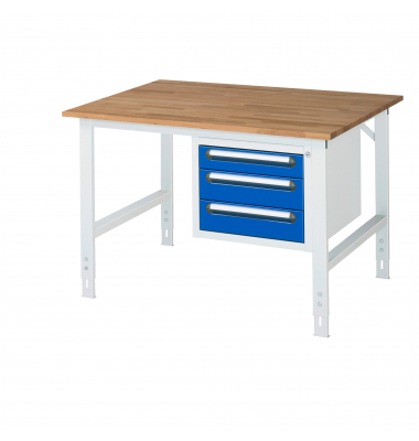 RAU Arbeitstisch 1250x1000x910-1230 3xSchub B-Platte 25mm l.gre.bl