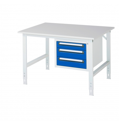 RAU Arbeitstisch 1250x1000x760-1080 3xSchub M-Platte 22mm l.gre.bl