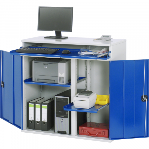 4040376952035 - EDV-Schrank mit Mittelwand BxTxH 1100x520x1060 mm 1 Tastaturfach mit Klappdeckel 2 Auszugböden 2 Flügeltüren ral 7035 5010 stationär