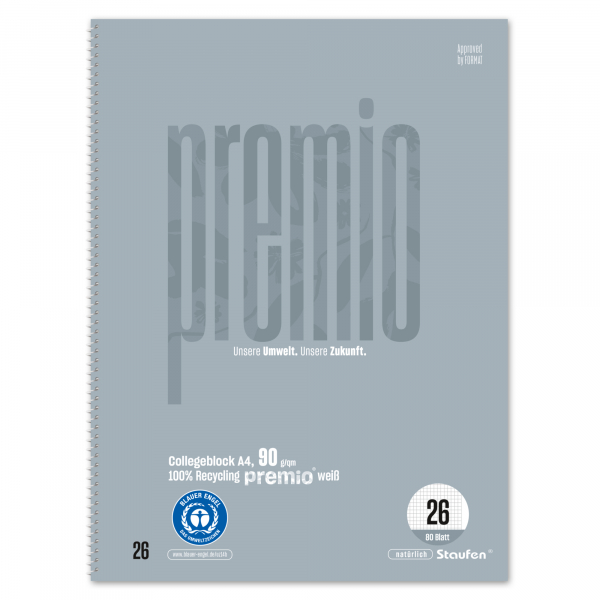 9002244877333 - Collegeblock 040835026 Premio Lineatur 26   kariert mit weißem Rand A4 90g grau 80 Blatt 9002244877333 Staufen