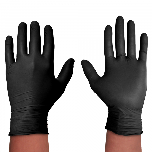 SPONTEX Extra Black Einmalhandschuhe aus Vinyl, ungepudert und latexfrei, vielseitig einsetzbar, in praktischer Spenderbox, Größe M, 100er Pack, schwarz