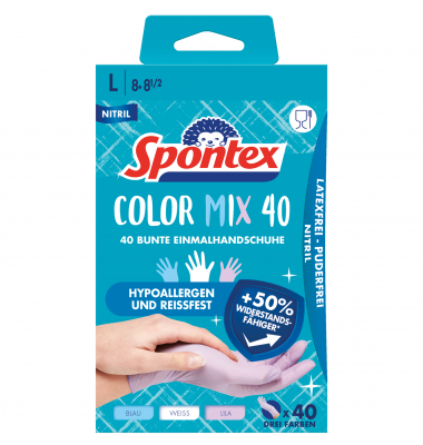 Einweghandschuhe ColorMix, Nitril, lebensmittelecht, blau/weiß/lila, Größe 8 / M,