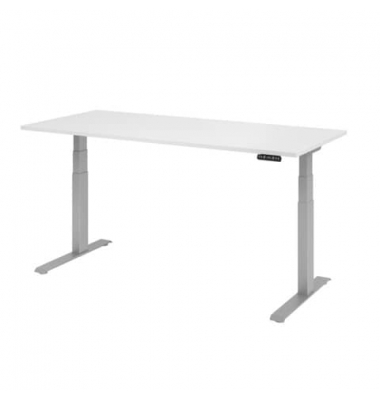 Schreibtisch, elektrisch höhenverstellbar, 64-129cm (H), 180x80cm (BxT), rechteckig, weiß / silber