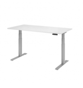 Schreibtisch, elektrisch höhenverstellbar, 64-129cm (H), 160x80cm (BxT), rechteckig, weiß / silber