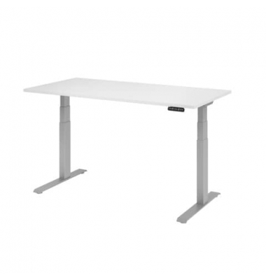 Schreibtisch, elektrisch höhenverstellbar, 64-129cm (H), 160x80cm (BxT), rechteckig, weiß / silber