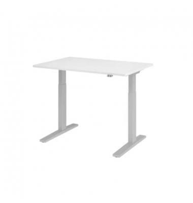 Schreibtisch, elektrisch höhenverstellbar, 70-120cm (H), 120x80cm (BxT), rechteckig, weiß / silber