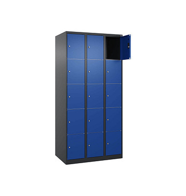 Schließfachschrank Classic Plus enzianblau, schwarzgrau 080000-305 S10028, 15 Schließfächer 90,0 x 50,0 x 185,0 cm