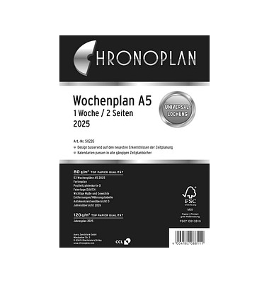 Kalendereinlage 50235, Wochenplan, 1 Woche / 2 Seiten, 148x210mm (A5), 2025