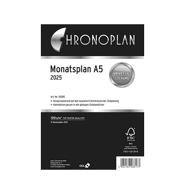 Kalendereinlage 50285, Monatsplan, 1 Monat / 1 Seite, 148x210mm (A5), 2025