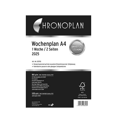Kalendereinlage 50705, Wochenplan, 1 Woche / 2 Seiten, 210x297mm (A4), 2025