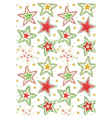 Geschenkpapier 2A00961, Weihnachten, Sterne, 50cm x 250m, wei&szlig;/gr&uuml;n/rot/gold
