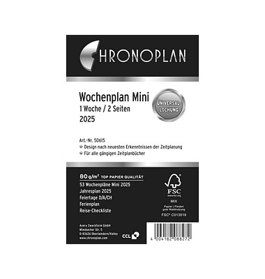 Kalendereinlage 50615, Wochenplan, 1 Woche / 2 Seiten, 79x125mm (Mini), 2025