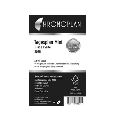 Kalendereinlage 50605, Tagesplan, 1 Tag / 1 Seite, 79x125mm (Mini), 2025