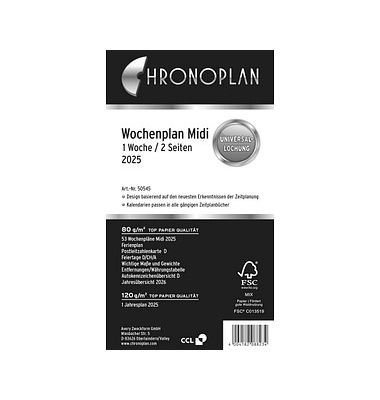 Kalendereinlage 50545, Wochenplan, 1 Woche / 2 Seiten in Spalten, 96x172mm (Midi), 2025