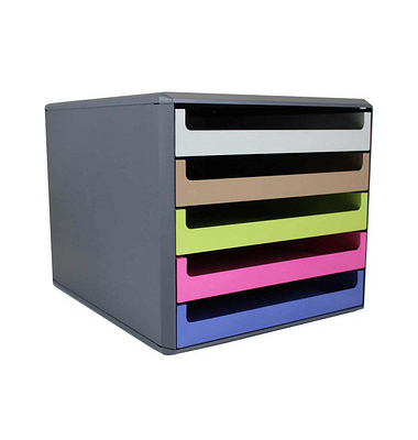 Schubladenbox  hellgrau, karamell, hellgrün, pink, blau 30057674BE, DIN A4 mit 5 Schubladen