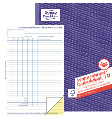 Stundenerfassung 1773 geeignet f&uuml;r alle Besch&auml;ftigungsverh&auml;ltnisse, A4, 2x 40 Blatt