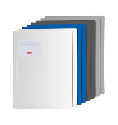 Schnellhefter FACT!pp 102015097, A4, 2x weiss/2x blau/2x grau und 2x silber, Polypropylen (PP), Vorderdeckel transluzent