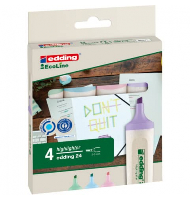 Textmarker, 24-4-1000, Etui (4 #), farbig sortiert (pastellrosa/pastellviolett/pastellblau/pastellgr&uuml;n), 2-5mm Keilspitze