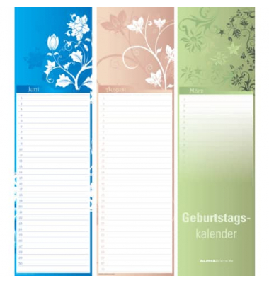 Geburtstagskalender 880810, Mini Floral, 1 Monat / 1 Seite, 1 Spalte pro Seite, 9,5x33cm, Jedes Monatsblatt ist mit floralen Ill