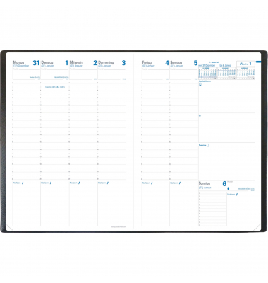 Buchkalender 024069Q, Prenote, schwarz, 1 Woche / 2 Seiten, 21x29,7cm (A4), 2027 Dez/Jan-Dez/Jan