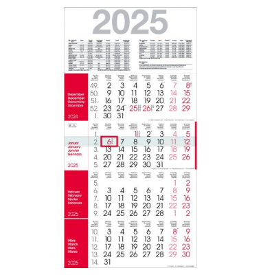 Viermonatskalender M4R1_ROT, 4 Monate / 1 Seite, 30x59cm, 2025 Viermonatskalender M4R1_ROT, 4 Monate / 1 Seite, 30x59cm, 2025