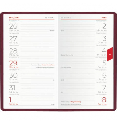 Taschenkalender 540-1101, Planer, farbig sortiert, 1 Woche / 1 Seite, 9,5x16cm (A6), 2025