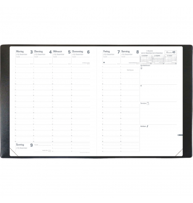 Buchkalender 016089Q, Pre 777, schwarz, 1 Woche / 2 Seiten, 21x27cm (A4), 2026