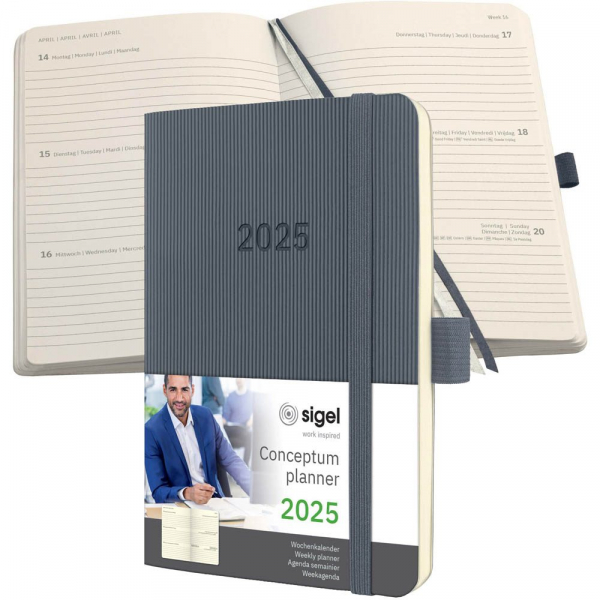12 Stück Sigel Taschenkalender C2537, Conceptum, dunkelgrau, 1 Woche / 2 Seiten,  (A6), 2026 4004360779718 Sigel