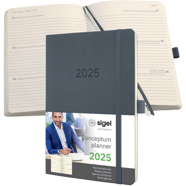 9 Stück Sigel Buchkalender C2536, Conceptum, dunkelgrau, 1 Woche / 2 Seiten, 13,5x21cm (A5), 2026 4004360779749 Sigel