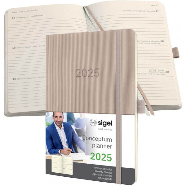 9 Stück Sigel Buchkalender C2530, Conceptum, taupe, 1 Woche / 2 Seiten,  (A5), 2026 4004360779923 Sigel