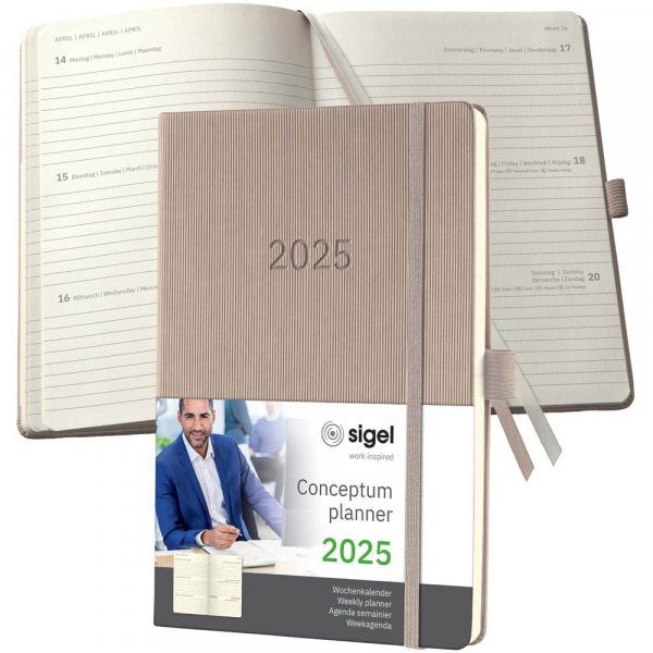 9 Stück Sigel Buchkalender C2560, Conceptum, taupe, 1 Woche / 2 Seiten,  (A5), 2026 4004360780707 Sigel