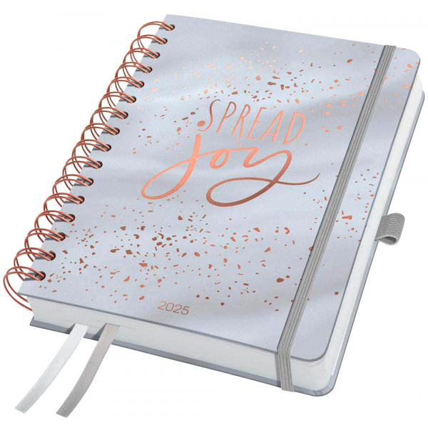Spiralkalender Glittery Joy 2025 Format A5 Kalendarium in DE EN FR NL Gummiband Stifteschlaufe & Einsteckfach 240 Seiten Papier grau