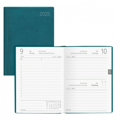 Taschenkalender 610-1013, türkis, 1 Tag / 1 Seite, Sa./So. / einer Seite, 10,2x14,2cm (A6), 2025