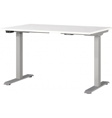 Sitz-Steh-Schreibtisch JET, elektrisch höhenverstellbar, 72-120cm (H), 120x80cm (BxT), rechteckig, weiß / silber