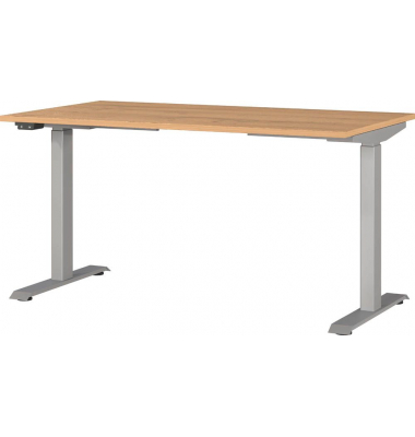 Sitz-Steh-Schreibtisch JET, elektrisch höhenverstellbar, 72-120cm (H), 140x80cm (BxT), rechteckig, grandson-eiche / silber
