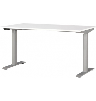 Sitz-Steh-Schreibtisch JET, elektrisch höhenverstellbar, 72-120cm (H), 140x80cm (BxT), rechteckig, weiß / silber