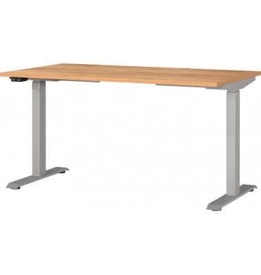 Sitz-Steh-Schreibtisch JET, elektrisch höhenverstellbar, 72-120cm (H), 140x80cm (BxT), rechteckig, navarra-eiche / silber