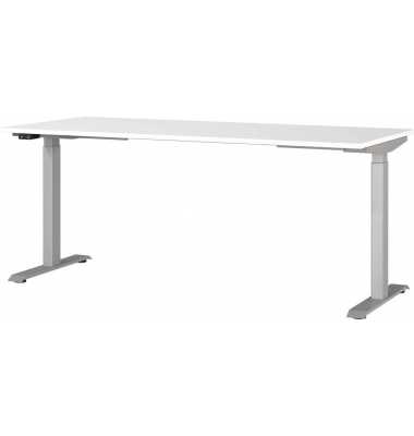 Sitz-Steh-Schreibtisch JET, elektrisch höhenverstellbar, 72-120cm (H), 180x80cm (BxT), rechteckig, weiß / silber